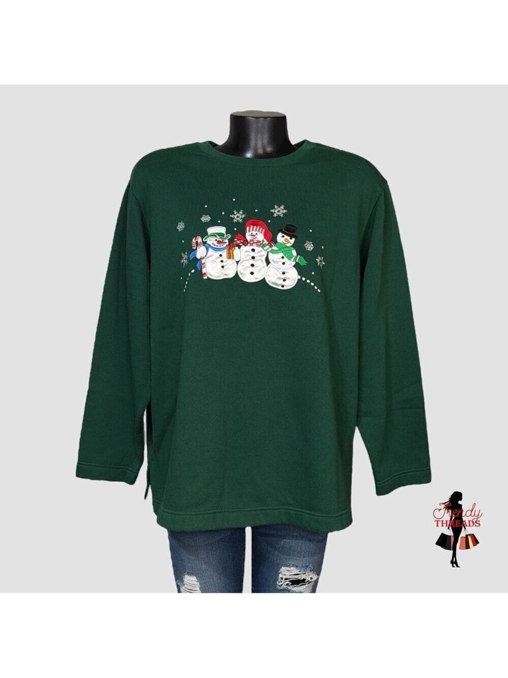 Vintage 80s 90s Basic Editions Holiday Snowman Embroidered Green Sweatshirt XL